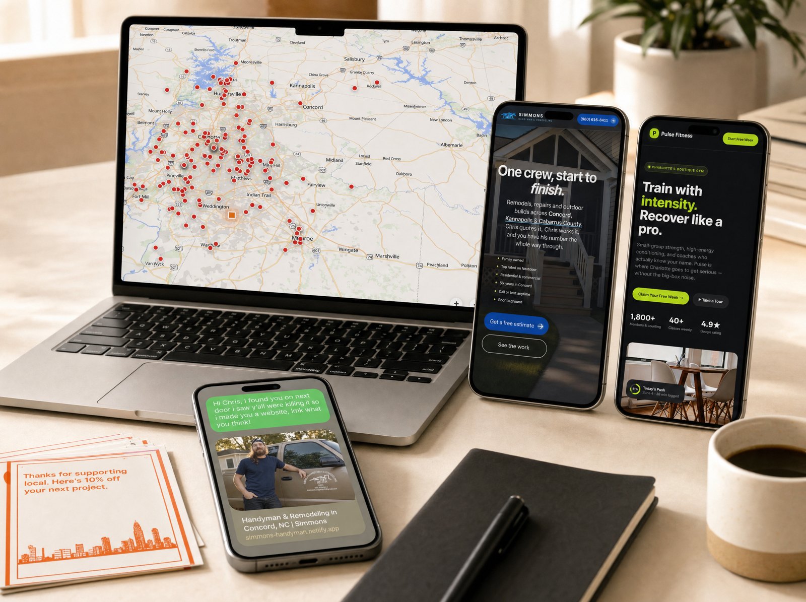 The Prospect Map on a laptop and local business websites on phones